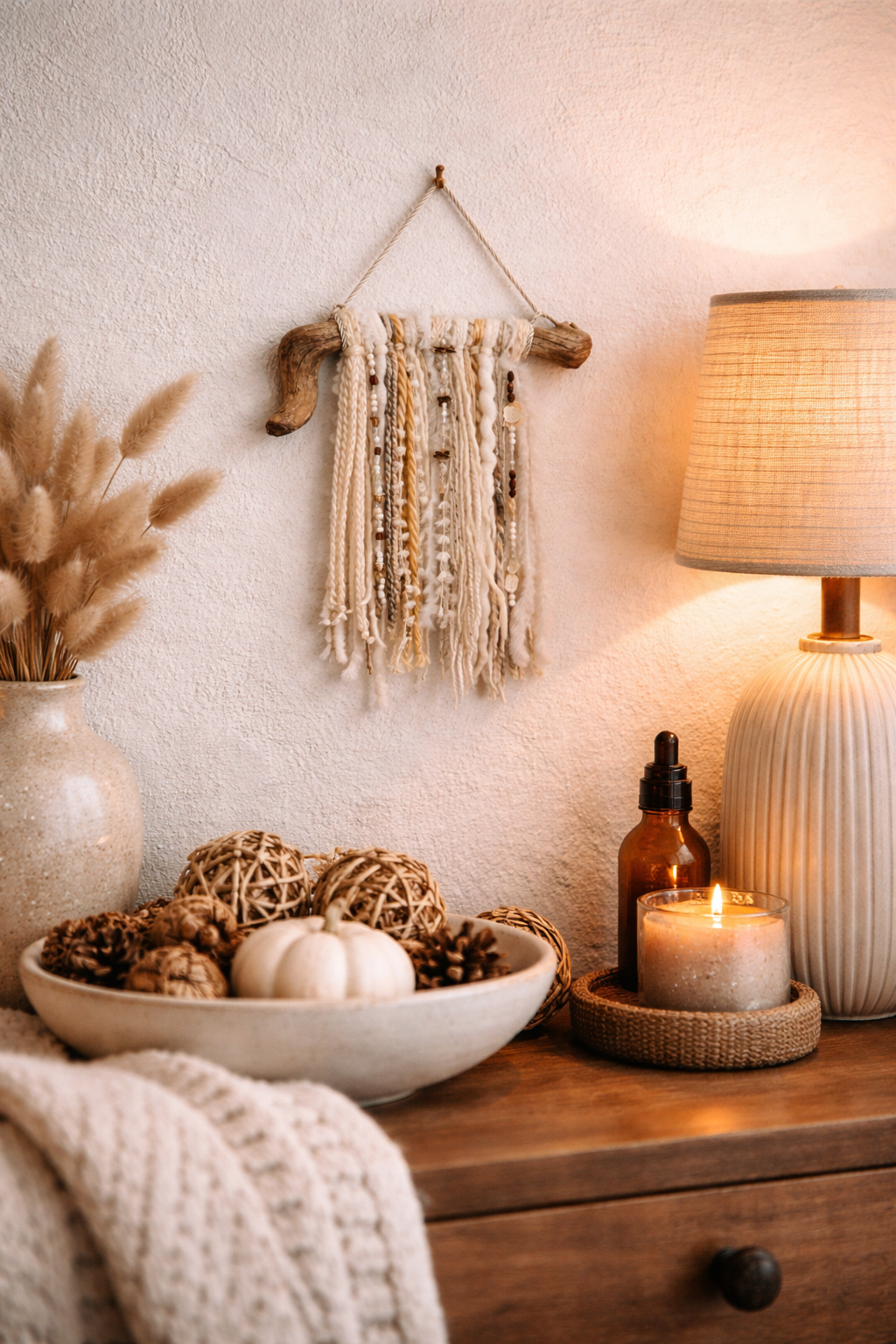 Art mural en laine et bois flotté - Décoration bohème - fait main au Québec