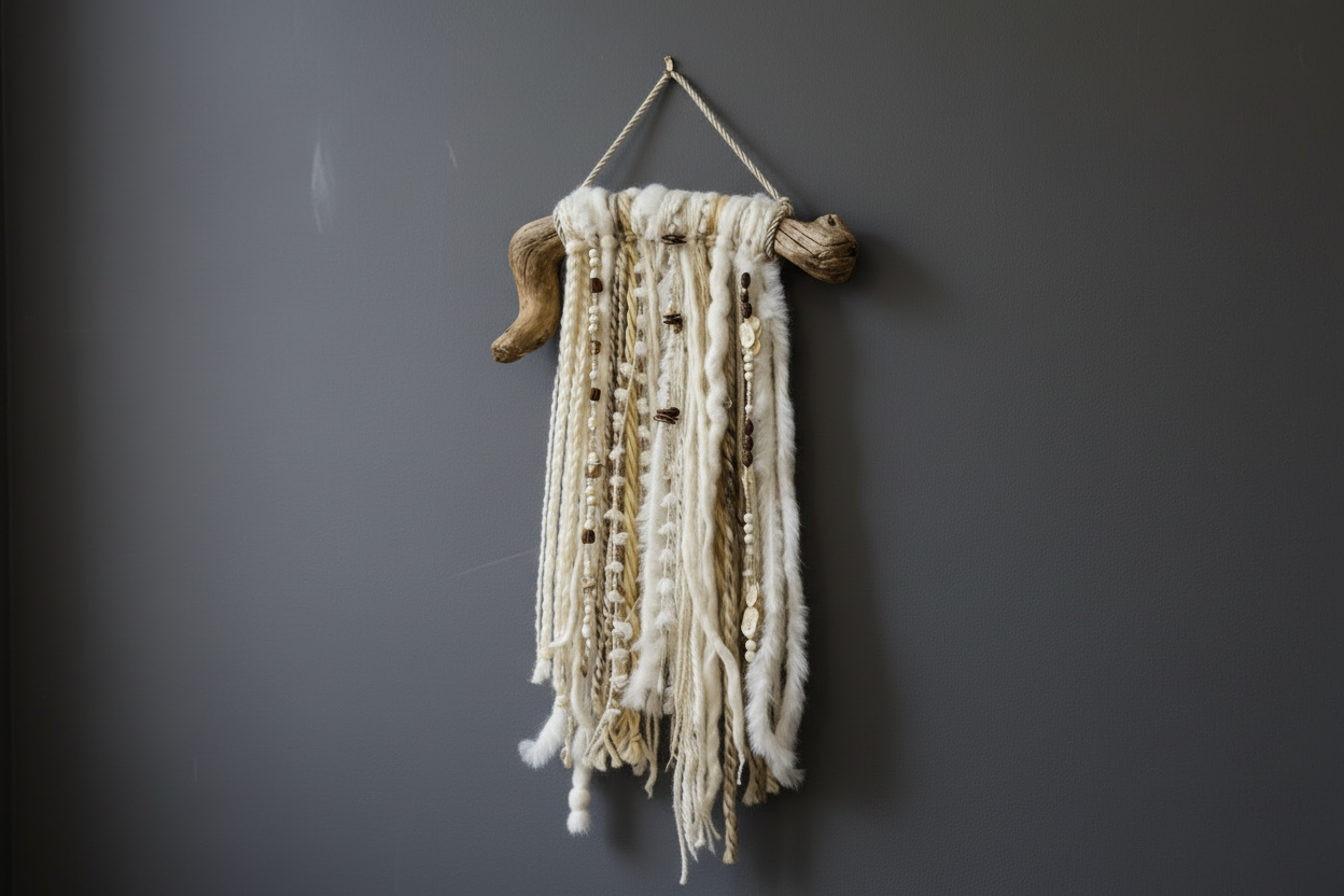 Art mural en laine et bois flotté - Décoration bohème - fait main au Québec