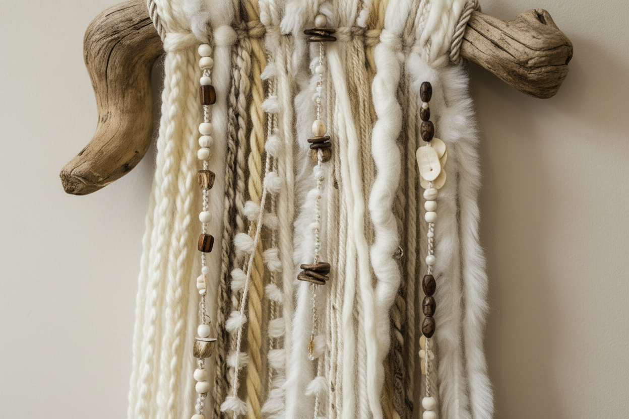 Art mural en laine et bois flotté - Décoration bohème - fait main au Québec