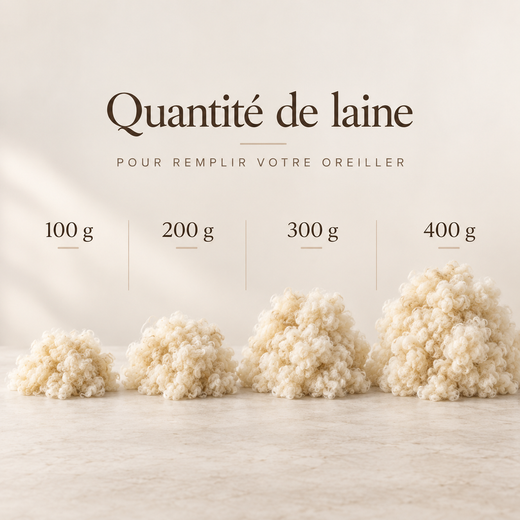 Comparatif des quantités de laine supplémentaire pour oreiller WoolWood Dream : 100 g, 200 g, 300 g et 400 g