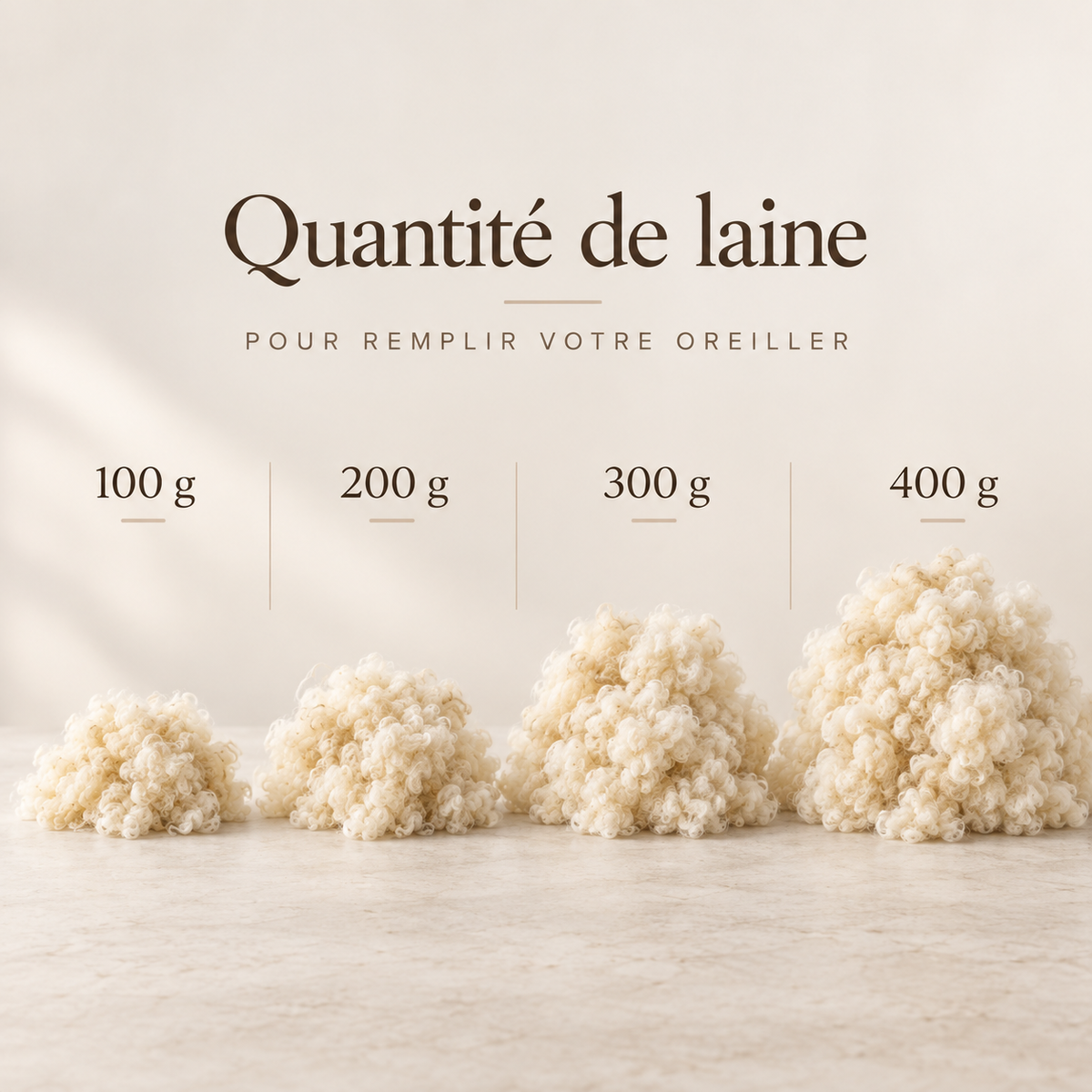 Comparatif des quantités de laine supplémentaire pour oreiller WoolWood Dream : 100 g, 200 g, 300 g et 400 g