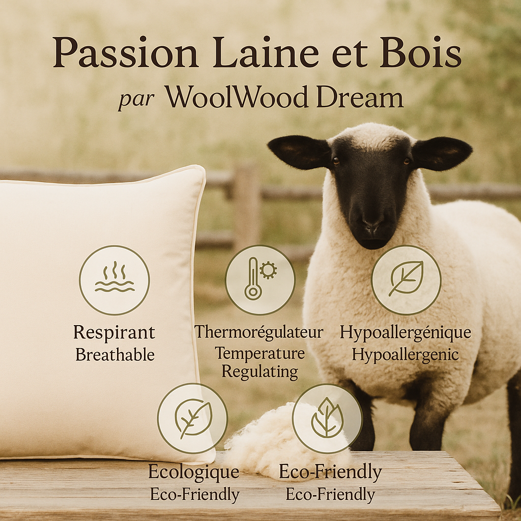 Oreiller en laine de mouton naturelle ajustable – respirant – wool pillow – Québec | WoolWood Dream