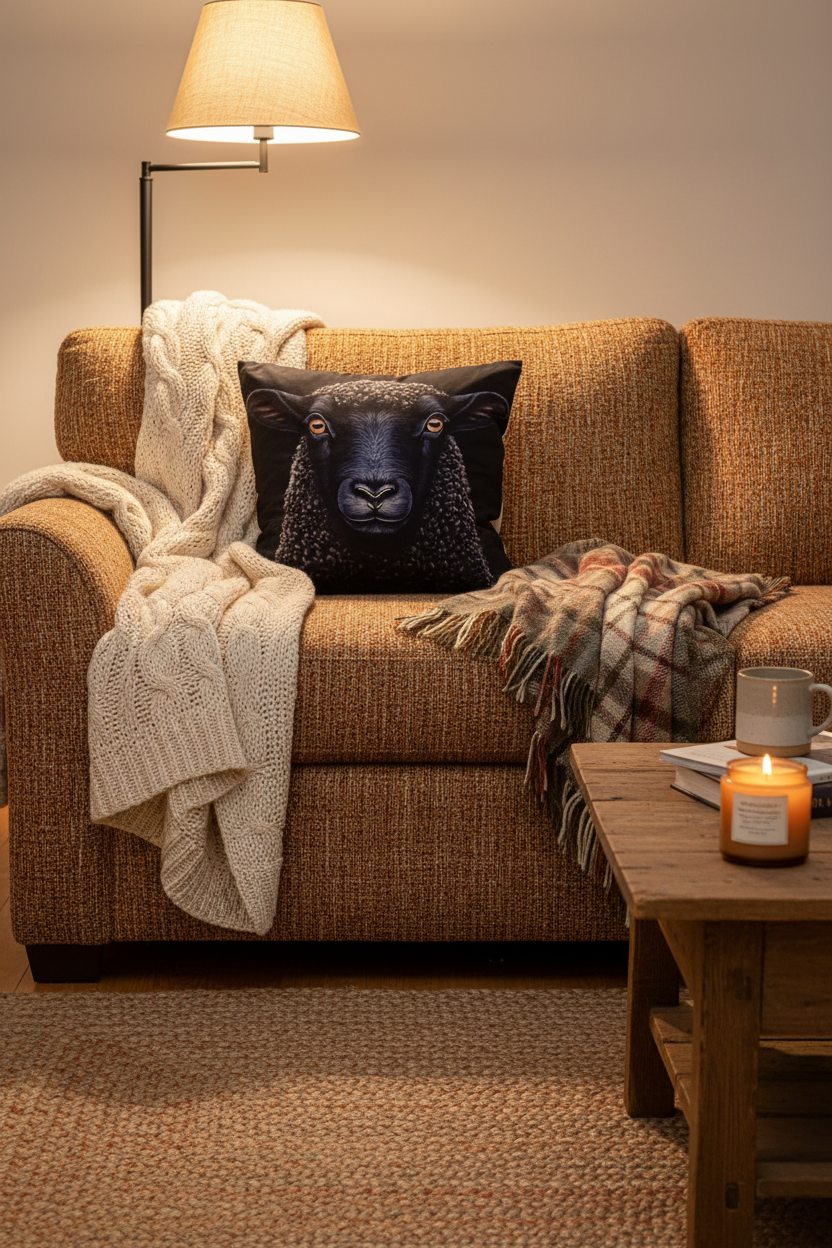 🐑 Coussin décoratif « La Reine du Troupeau » – 46 × 46 cm | Rempli de laine naturelle du Québec