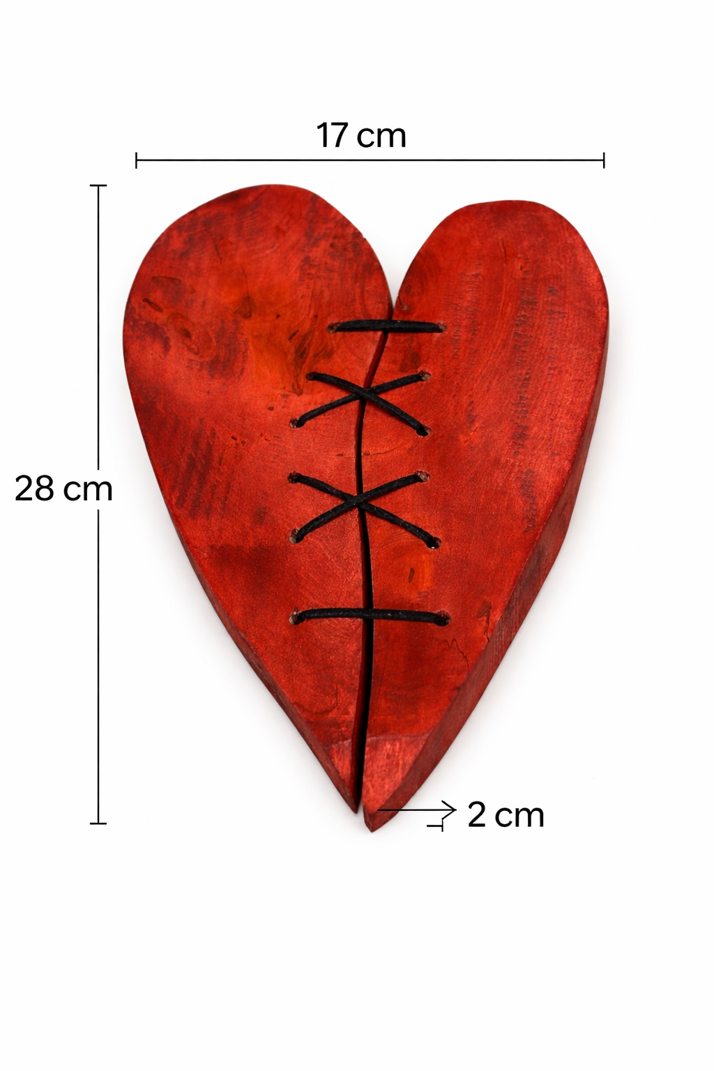 Repaired sculpted wooden heart – handcrafted wall decoration – symbolic laced heart