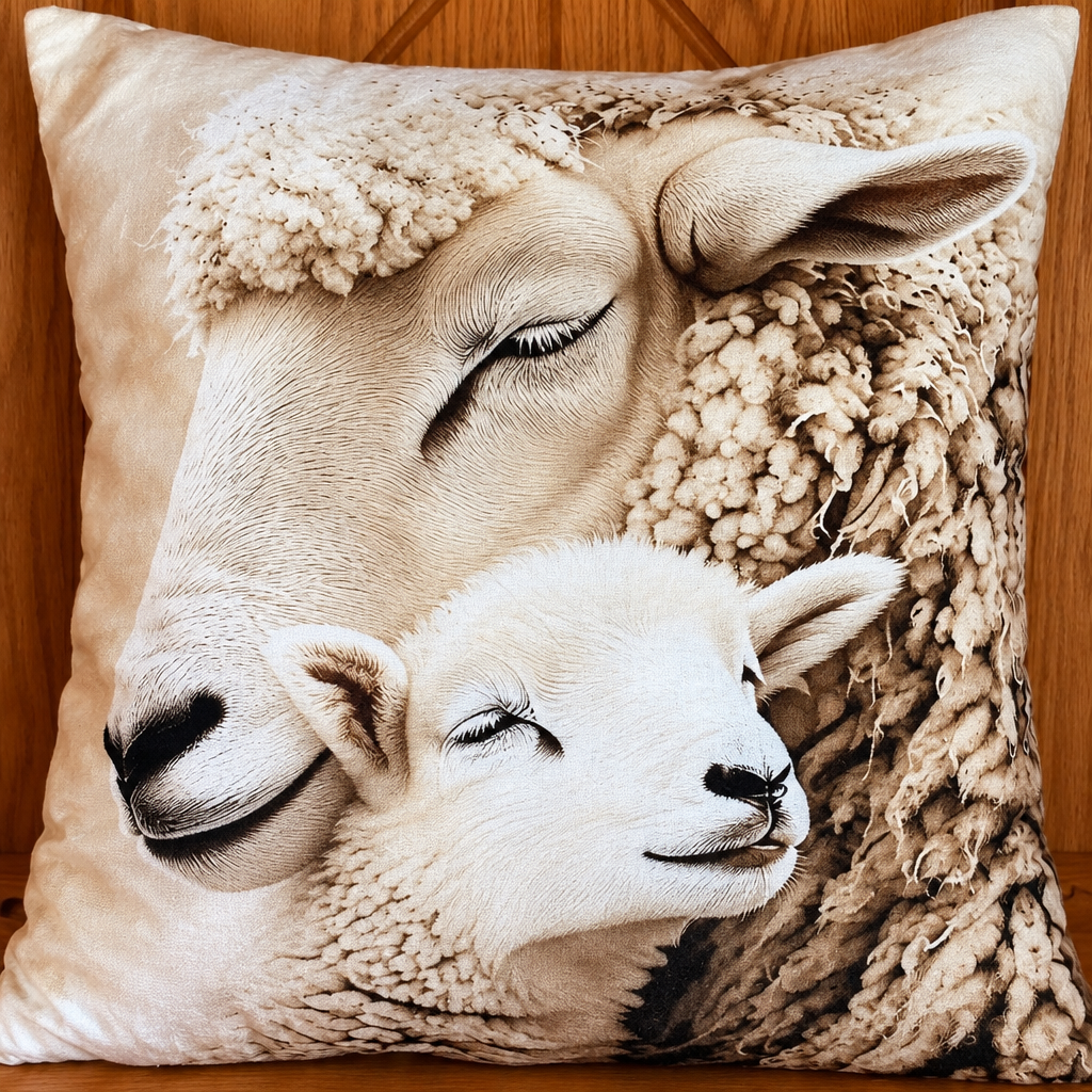 Coussin décoratif Tendresse – Maman mouton & son agneau | 40 × 40 cm - Rempli de laine naturelle du Québec