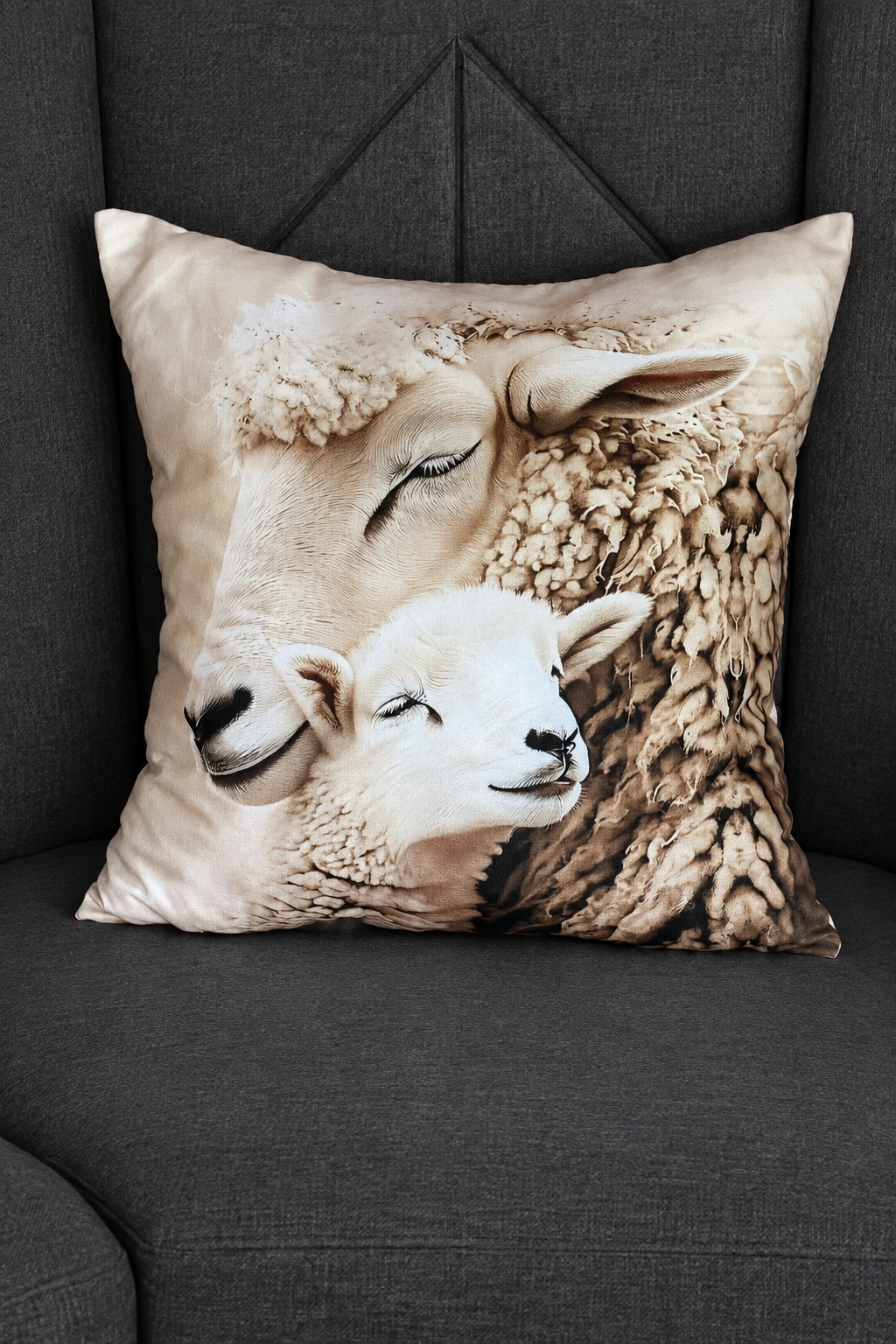 Coussin décoratif Tendresse – Maman mouton & son agneau | 40 × 40 cm - Rempli de laine naturelle du Québec