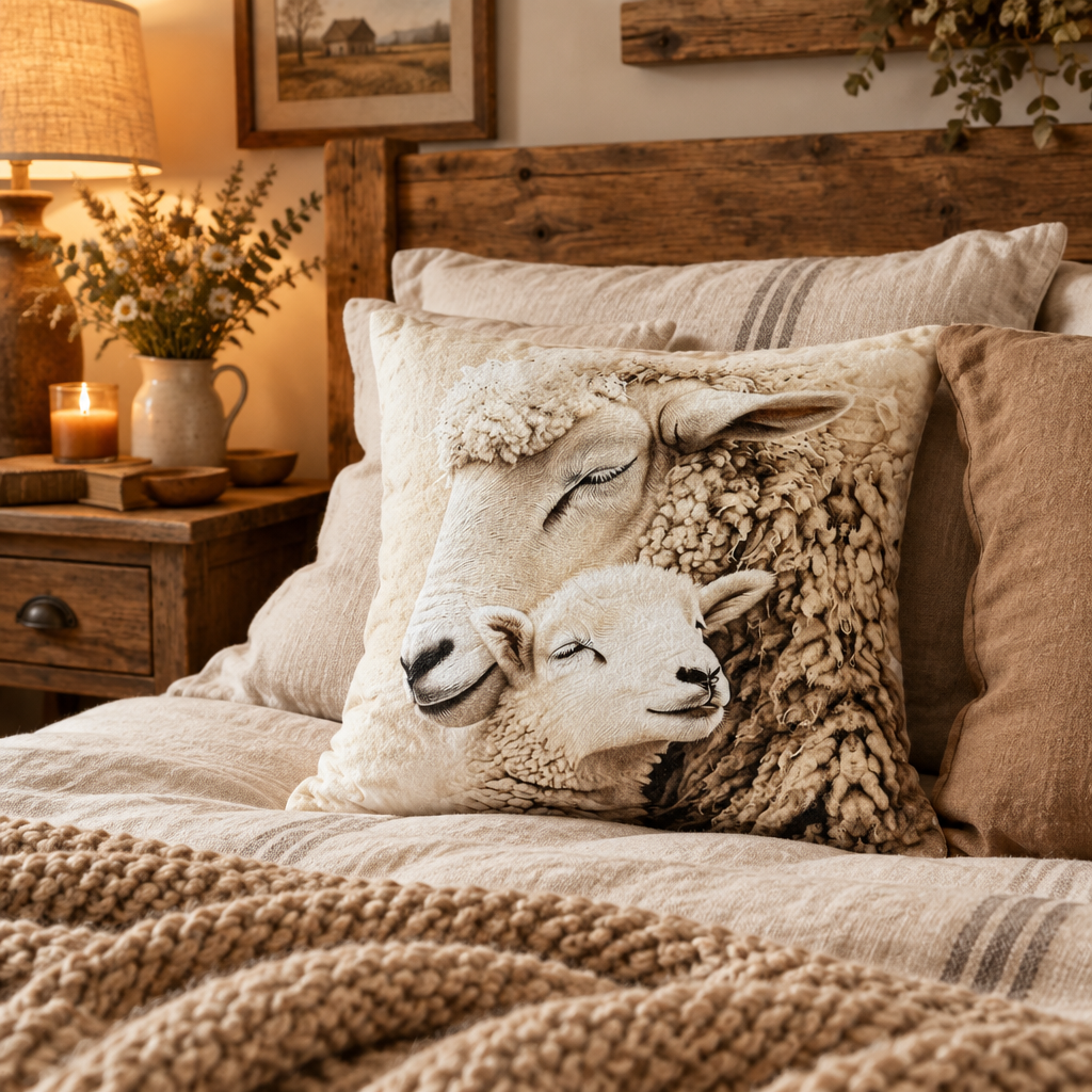 Coussin décoratif Tendresse – Maman mouton & son agneau | 40 × 40 cm - Rempli de laine naturelle du Québec
