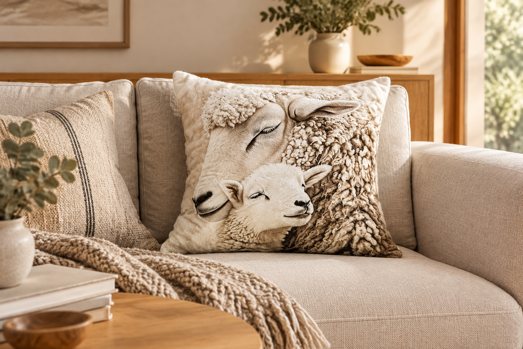 Coussin décoratif Tendresse – Maman mouton & son agneau | 40 × 40 cm - Rempli de laine naturelle du Québec