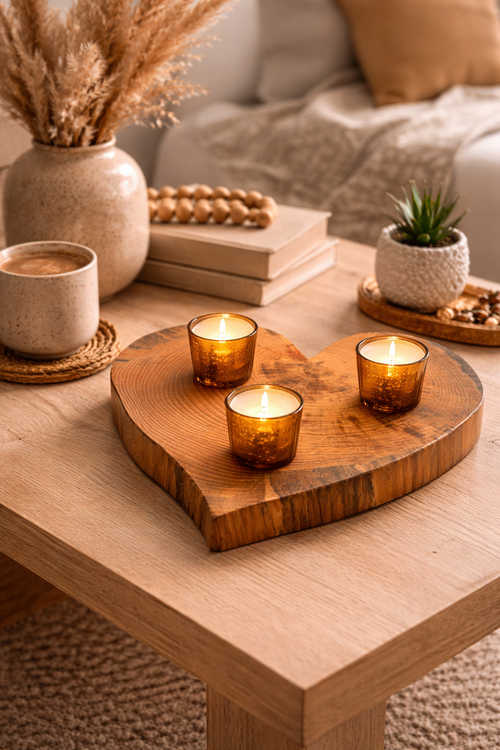 Chandelier cœur en bois massif – 3 bougies