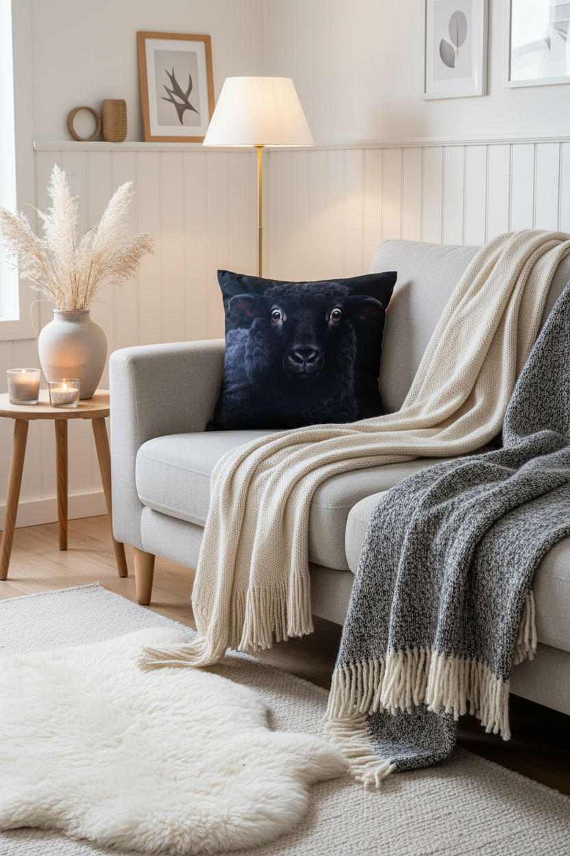 🐑 Coussin décoratif « Le Petit Curieux » – 46 × 46 cm | Rempli de laine naturelle du Québec
