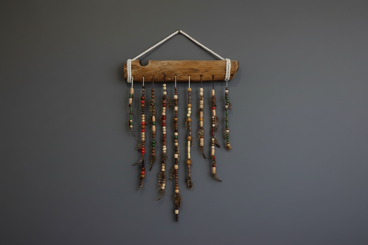 Art mural en laine et bois flotté - Décoration bohème - fait main au Québec