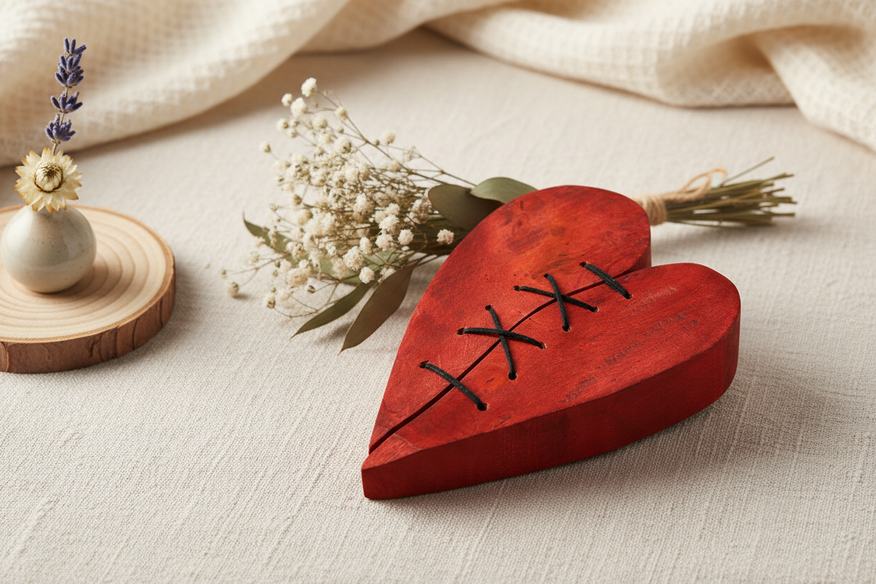 Repaired sculpted wooden heart – handcrafted wall decoration – symbolic laced heart