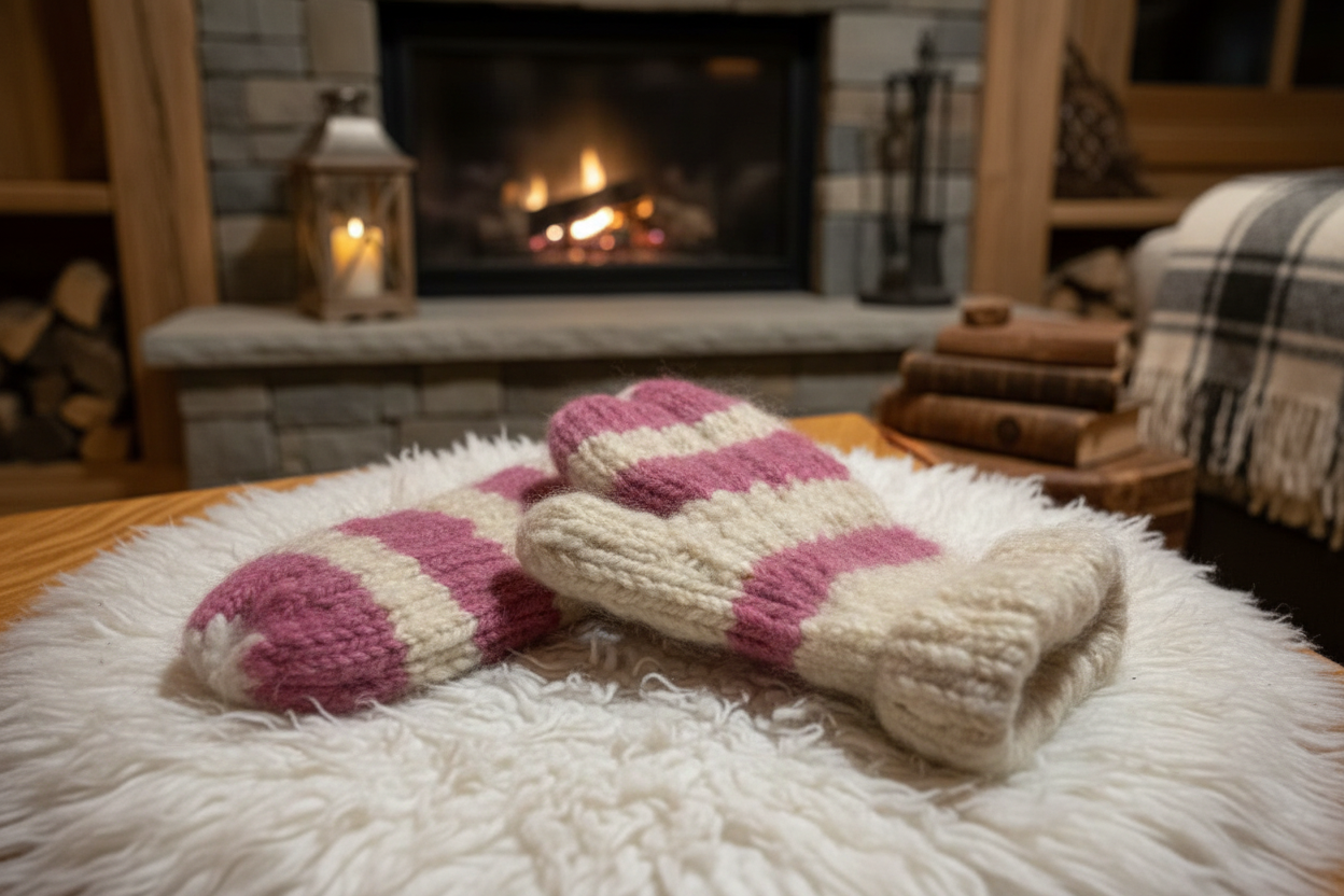 Mitaines en laine filée à la main -  artisanales naturelles 24 cm x 10 cm / WoolWood Dream