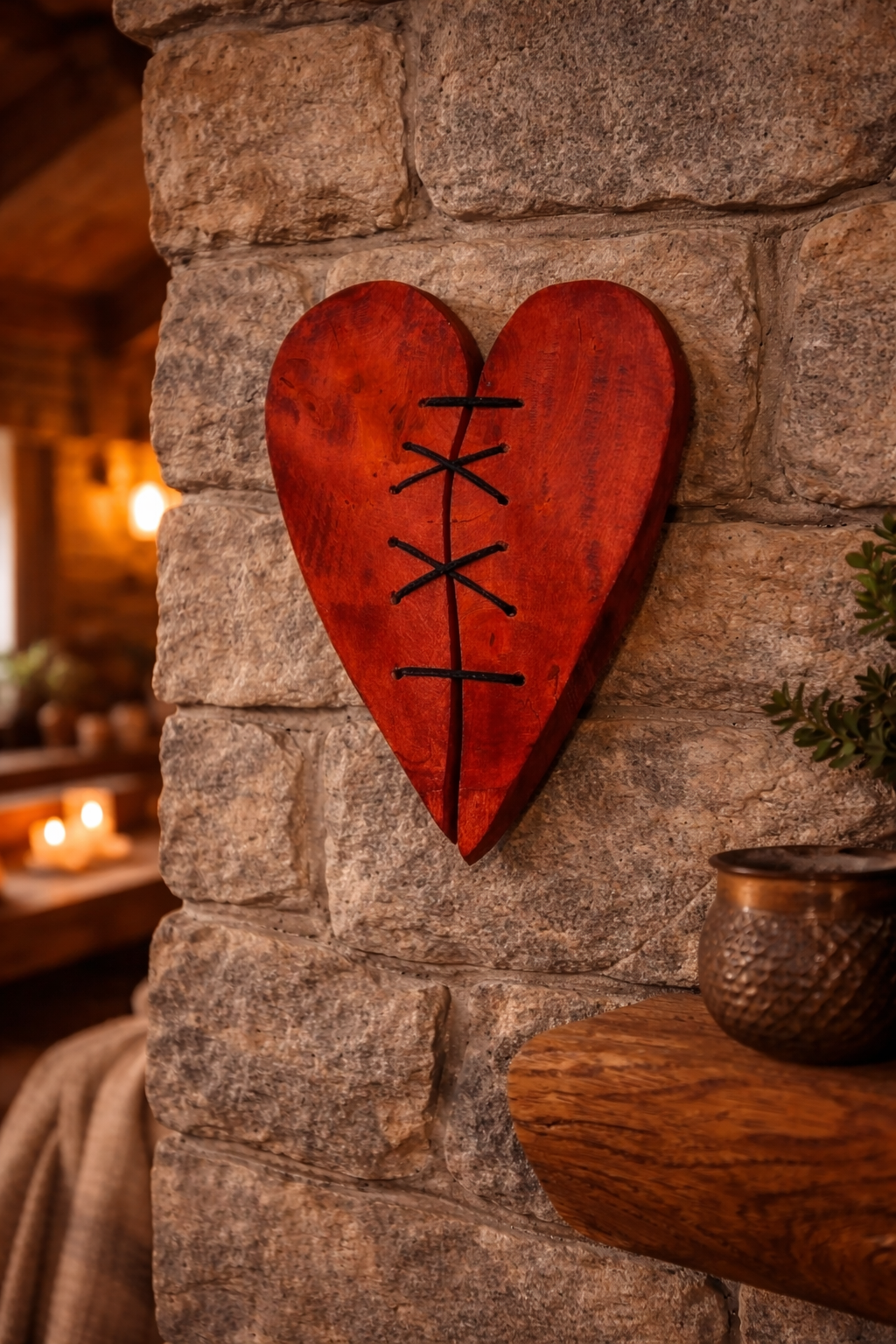 Repaired sculpted wooden heart – handcrafted wall decoration – symbolic laced heart