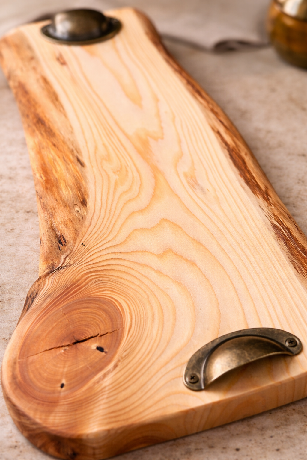 Handcrafted natural wood serving board with metal handles – unique piece 45 cm X 22.5 cm