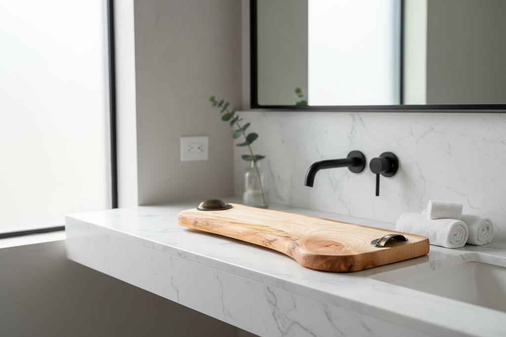 Handcrafted natural wood serving board with metal handles – unique piece 45 cm X 22.5 cm