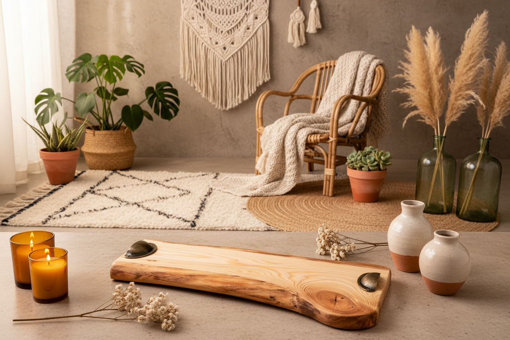 Handcrafted natural wood serving board with metal handles – unique piece 45 cm X 22.5 cm