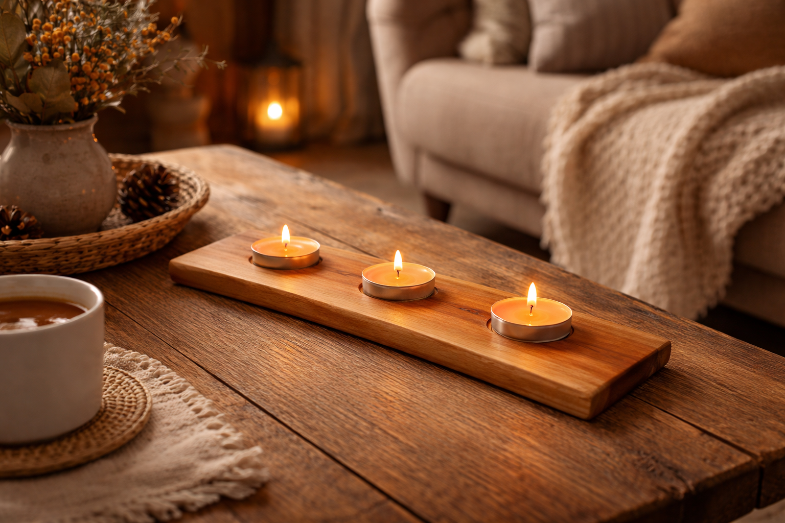 Chandelier en bois d’hévéa – fait à la main au Québec / 3 ou 5 bougies