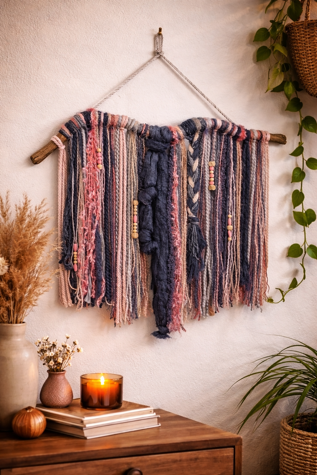 Art mural en laine et bois flotté - Décoration bohème - fait main au Québec