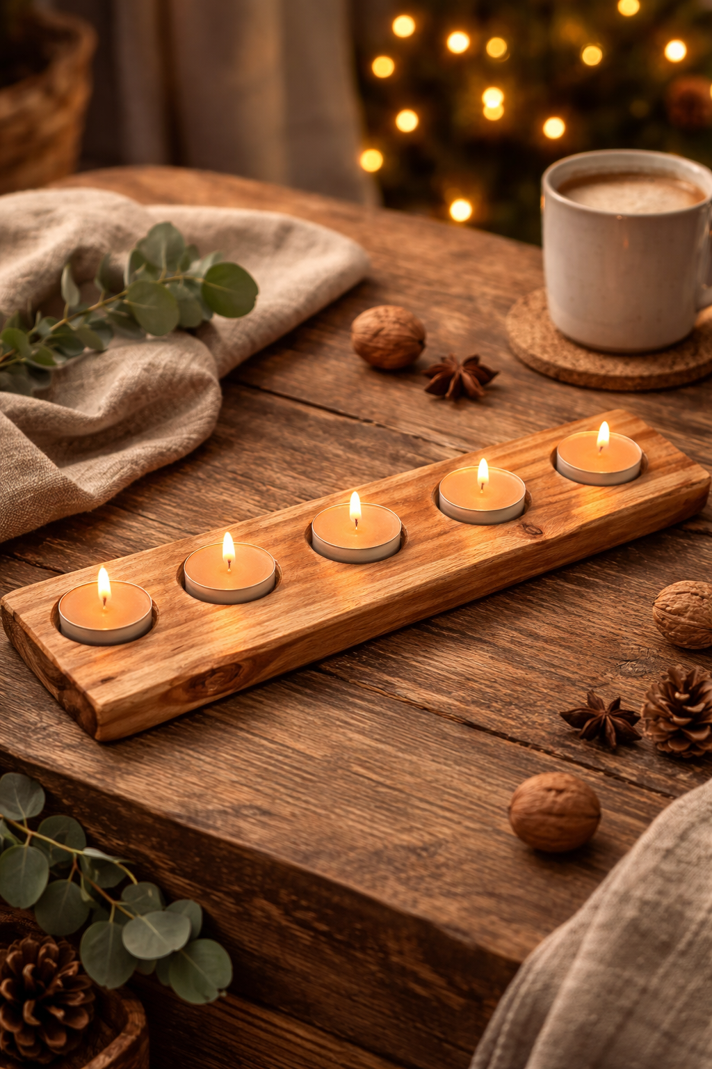 Chandelier en bois d’hévéa – fait à la main au Québec / 3 ou 5 bougies