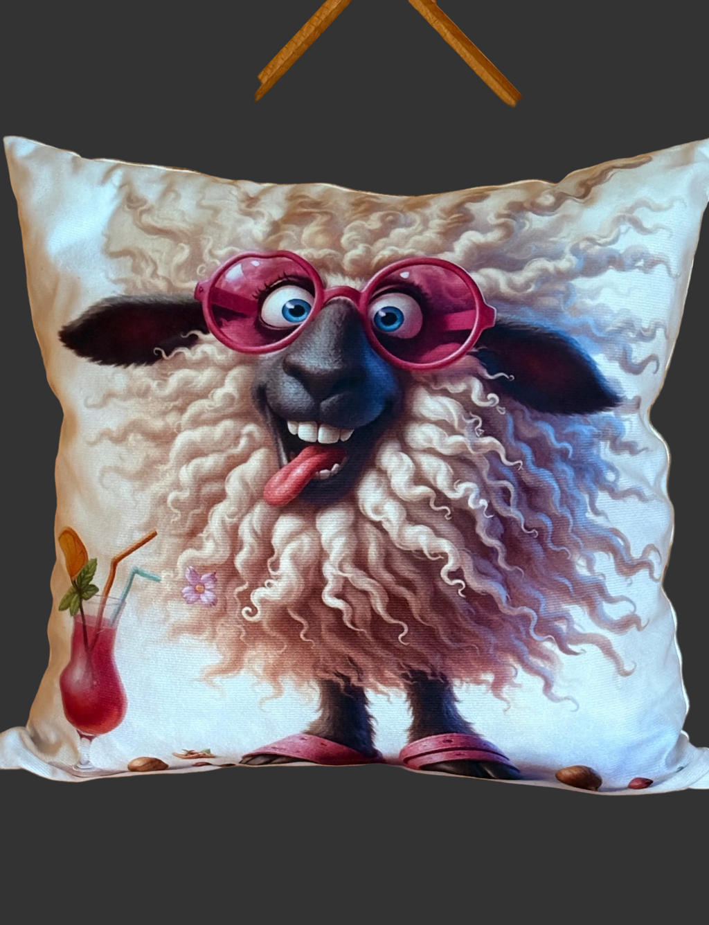 🐑 Coussin décoratif « Mouton en Vacances » – 40 × 40 cm | Rempli de laine naturelle du Québec