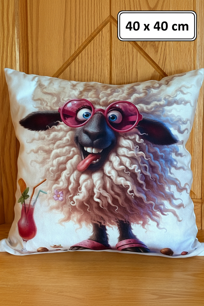 🐑 Coussin décoratif « Mouton en Vacances » – 40 × 40 cm | Rempli de laine naturelle du Québec