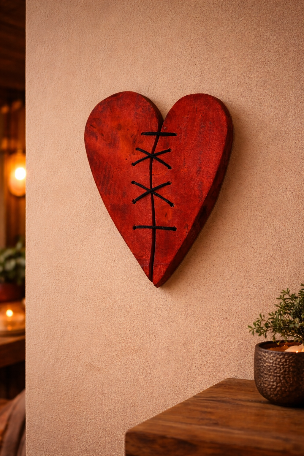 Repaired sculpted wooden heart – handcrafted wall decoration – symbolic laced heart