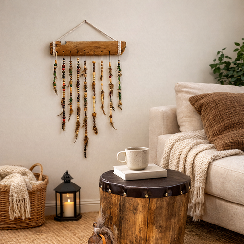 Art mural en laine et bois flotté - Décoration bohème - fait main au Québec