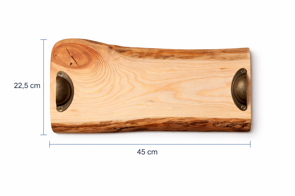 Handcrafted natural wood serving board with metal handles – unique piece 45 cm X 22.5 cm