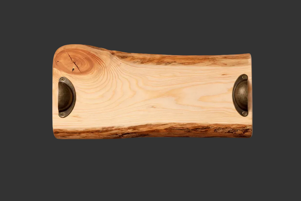 Handcrafted natural wood serving board with metal handles – unique piece 45 cm X 22.5 cm
