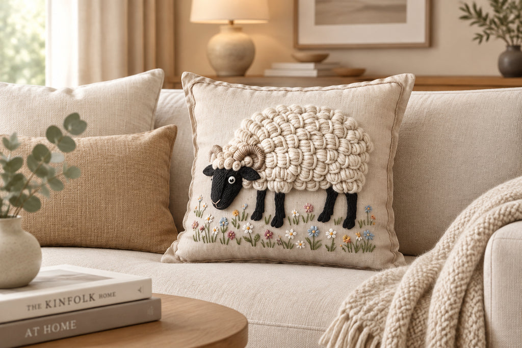 Coussin décoratif « Douceur Champêtre » – Mouton Suffolk fleuri– 18 × 18 po | Rempli de laine naturelle du Québec