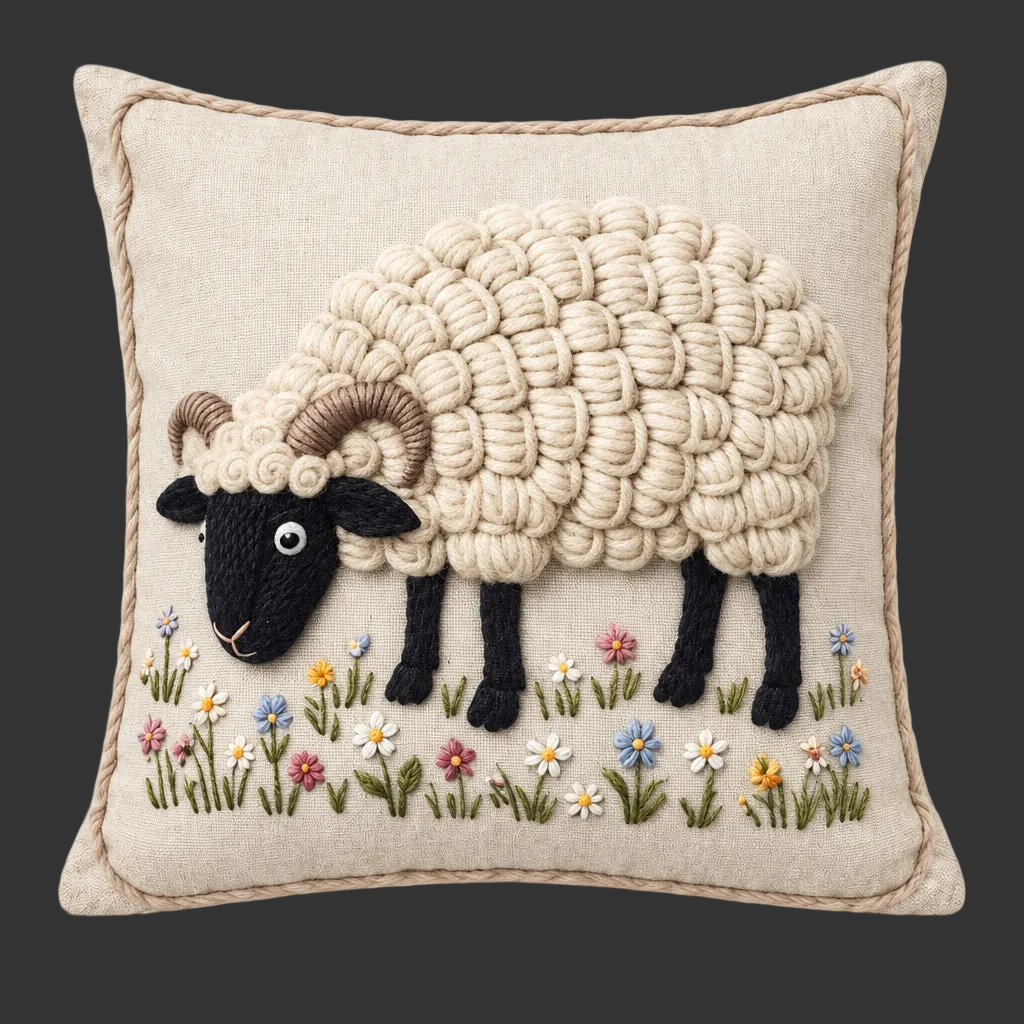 Coussin décoratif « Douceur Champêtre » – Mouton Suffolk fleuri– 18 × 18 po | Rempli de laine naturelle du Québec