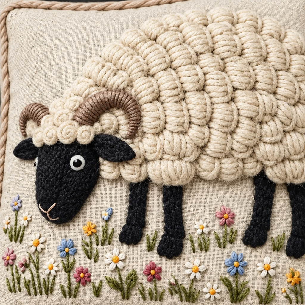 Coussin décoratif « Douceur Champêtre » – Mouton Suffolk fleuri– 18 × 18 po | Rempli de laine naturelle du Québec