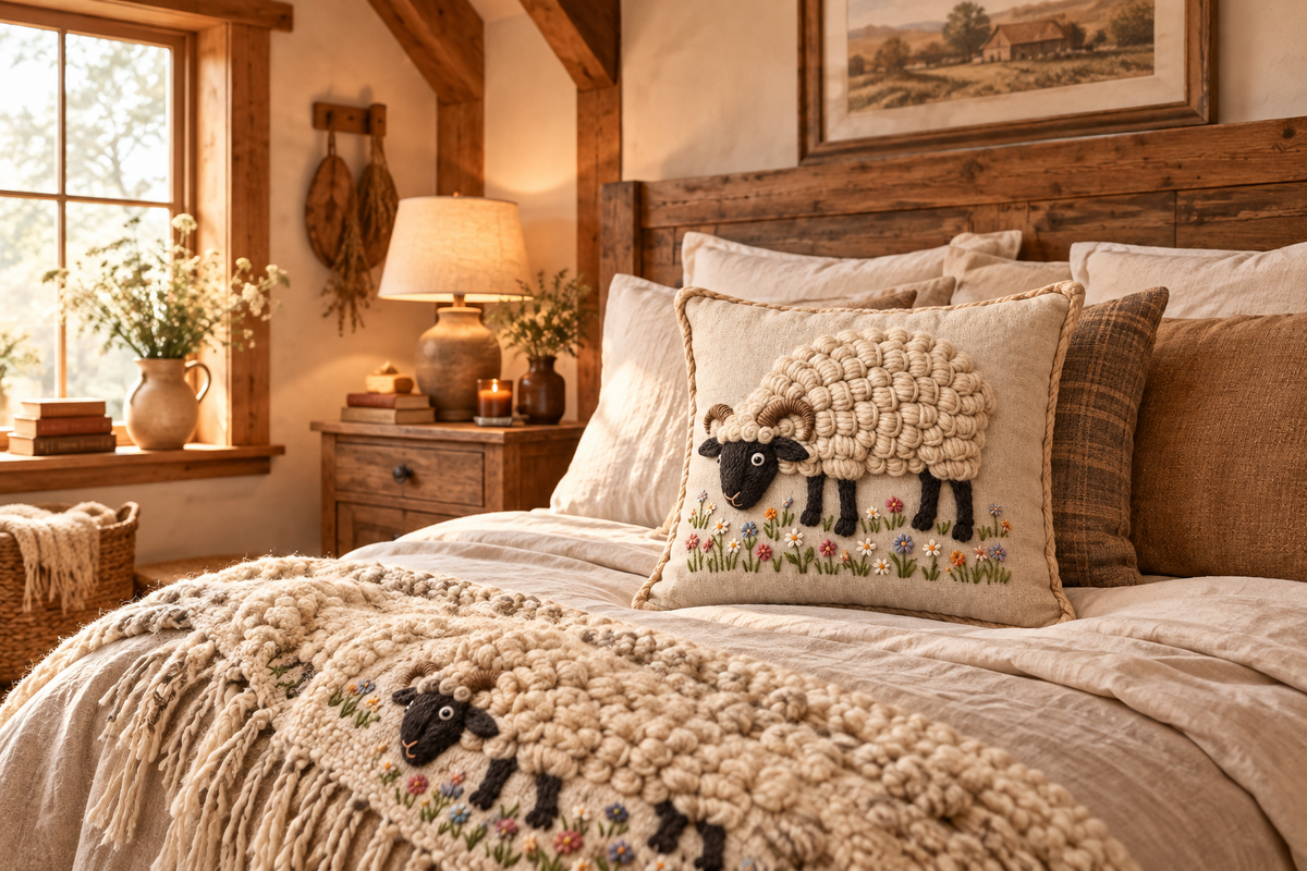 Coussin décoratif « Douceur Champêtre » – Mouton Suffolk fleuri– 18 × 18 po | Rempli de laine naturelle du Québec