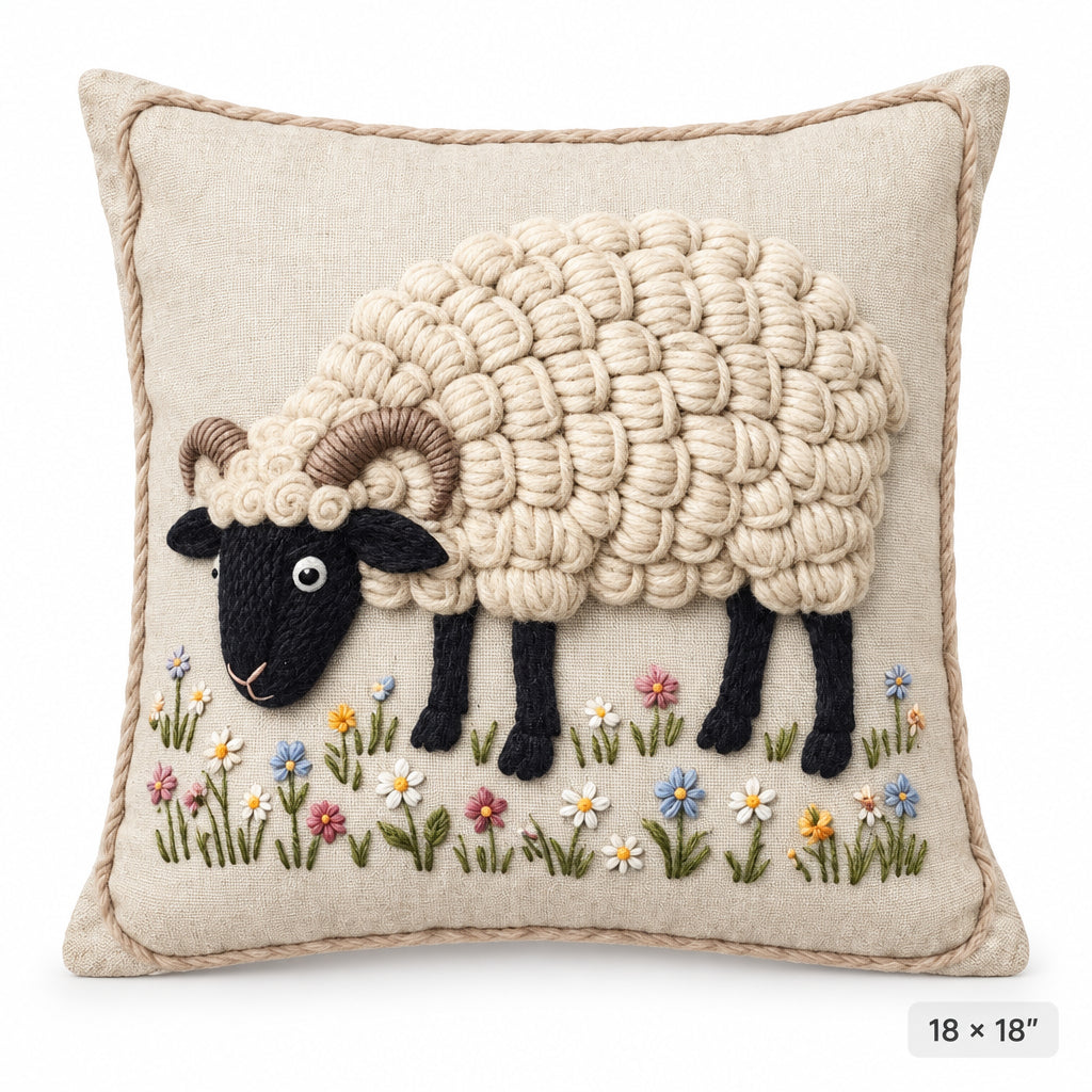 Coussin décoratif « Douceur Champêtre » – Mouton Suffolk fleuri– 18 × 18 po | Rempli de laine naturelle du Québec