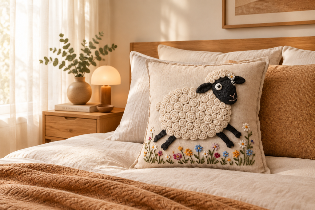 Coussin décoratif Mouton Suffolk fleuri – 18 × 18 po | Rempli de laine naturelle du Québec