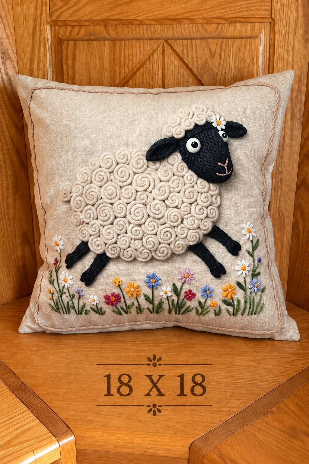 Coussin décoratif Mouton Suffolk fleuri – 18 × 18 po | Rempli de laine naturelle du Québec