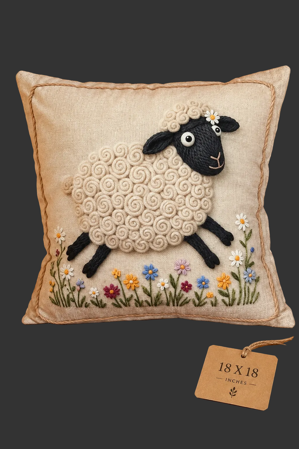 Coussin décoratif Mouton Suffolk fleuri – 18 × 18 po | Rempli de laine naturelle du Québec