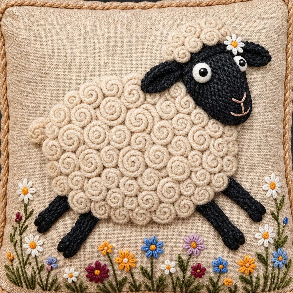Coussin décoratif Mouton Suffolk fleuri – 18 × 18 po | Rempli de laine naturelle du Québec
