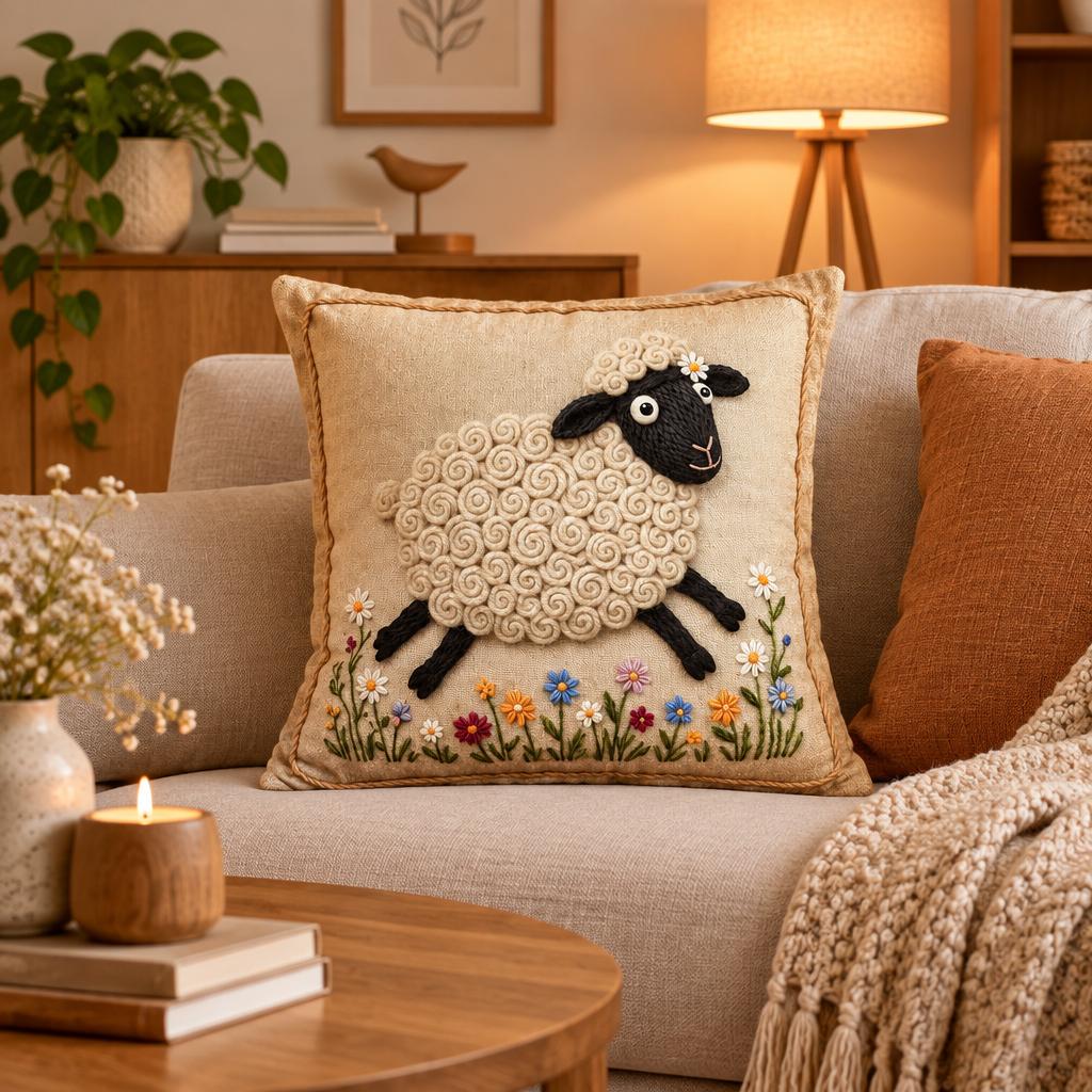 Coussin décoratif Mouton Suffolk fleuri – 18 × 18 po | Rempli de laine naturelle du Québec