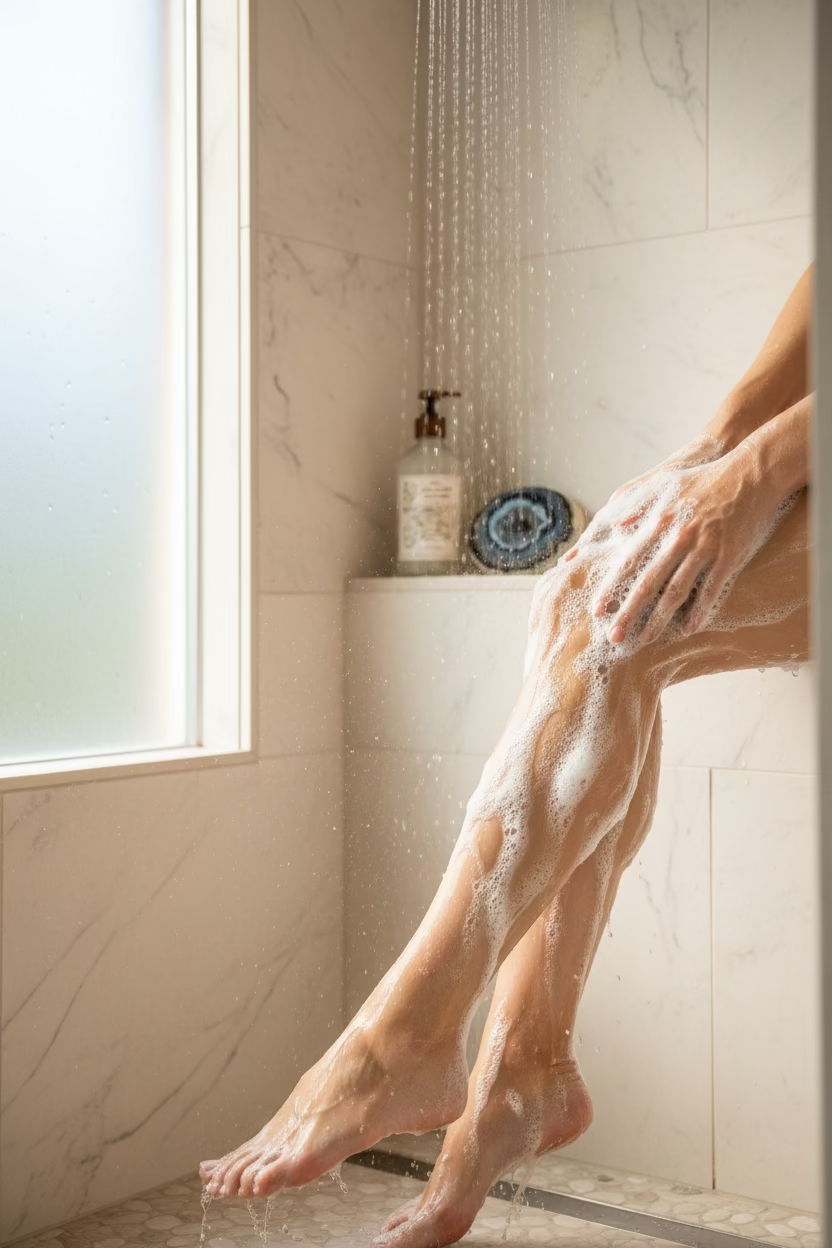 Savon feutré artisanal Nuit boréale pour peau sensible, sans parfum, en laine naturelle aux teintes bleues, présenté sur fond bois clair.