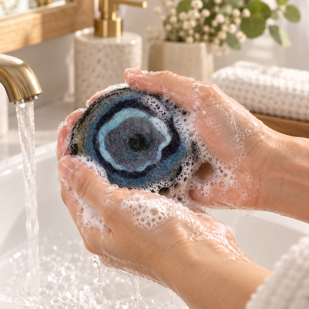 Mains savonneuses tenant le savon feutré artisanal Nuit boréale, aux teintes bleues, sous l’eau du lavabo dans une salle de bain lumineuse.
