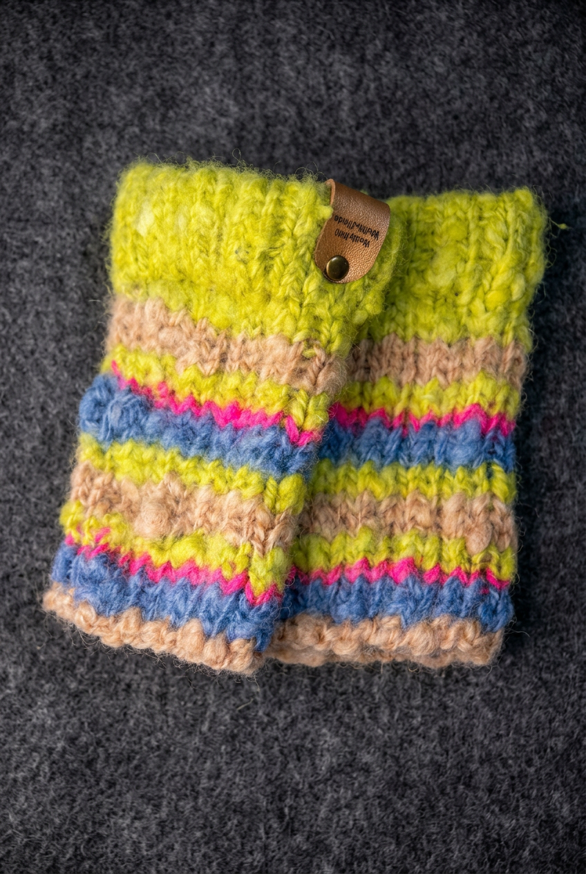 Mini-mitaines sans doigts en laine – Vert lime, rose et bleu