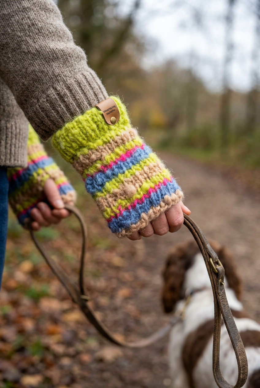 Mini-mitaines sans doigts en laine – Vert lime, rose et bleu