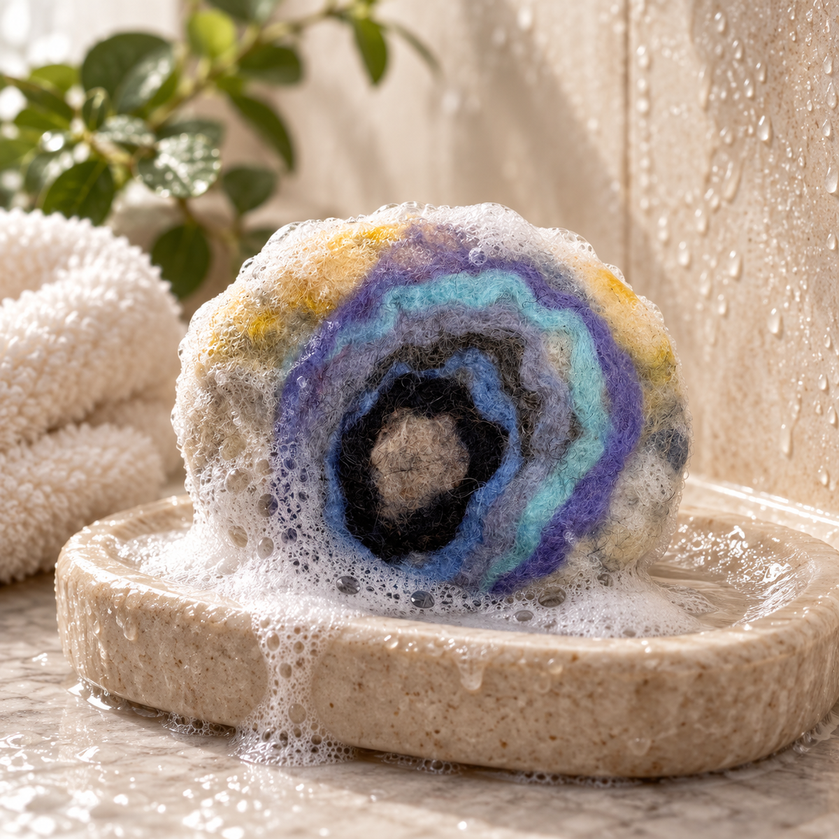 Savon feutré artisanal Aurore nordique pour peau sensible, sans parfum, couvert de mousse sur un porte-savon dans une ambiance de douche.