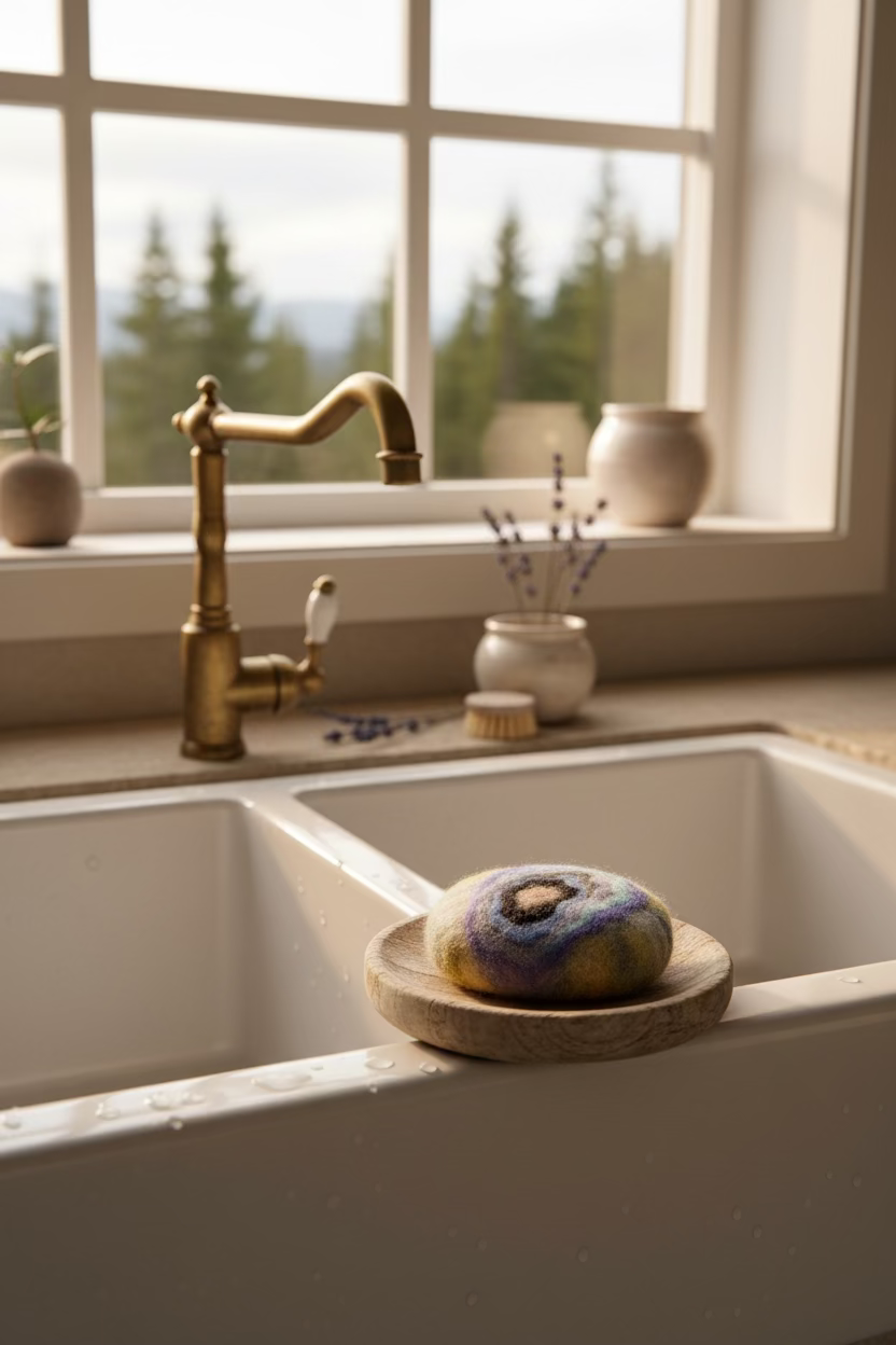 Savon feutré artisanal Aurore nordique pour peau sensible, sans parfum, posé sur un porte-savon près d’un lavabo dans une salle de bain lumineuse.