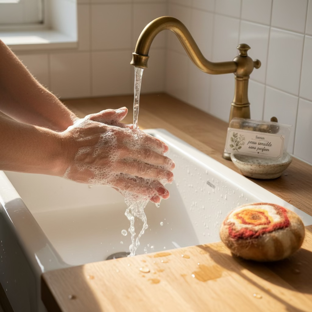 Mains savonneuses sous un robinet dans une salle de bain, avec le savon feutré artisanal Terre d’automne posé près de l’évier.