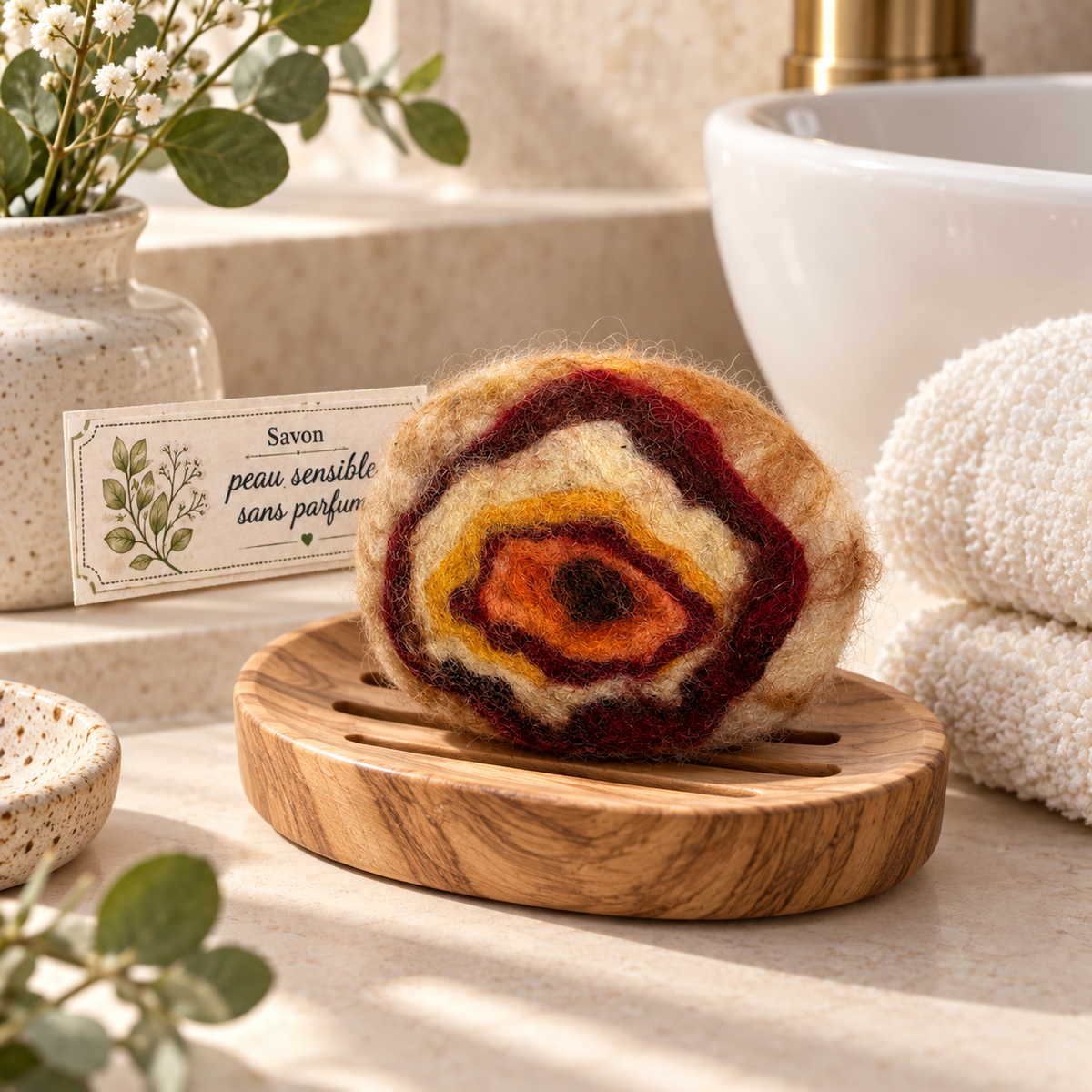 Savon feutré artisanal Terre d’automne pour peau sensible, sans parfum, posé sur un porte-savon en bois dans une salle de bain.